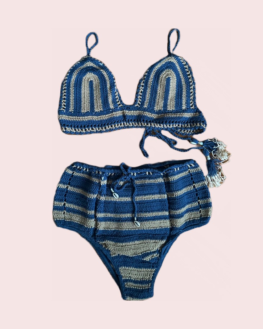 She Made Me Crochet Triangle Bikini Set In Blue Natural Stripe Women S
