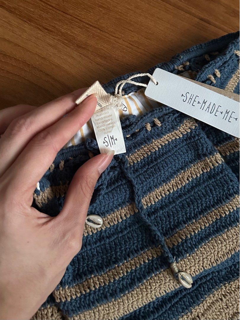 SHE MADE ME Crochet Triangle Bikini Set In Blue Natural Stripe Women S Fashion Swimwear