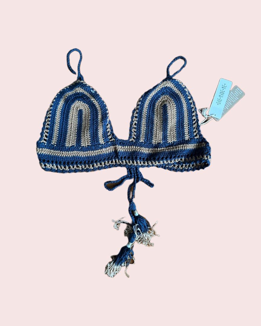 She Made Me Crochet Triangle Bikini Set In Blue Natural Stripe Women S