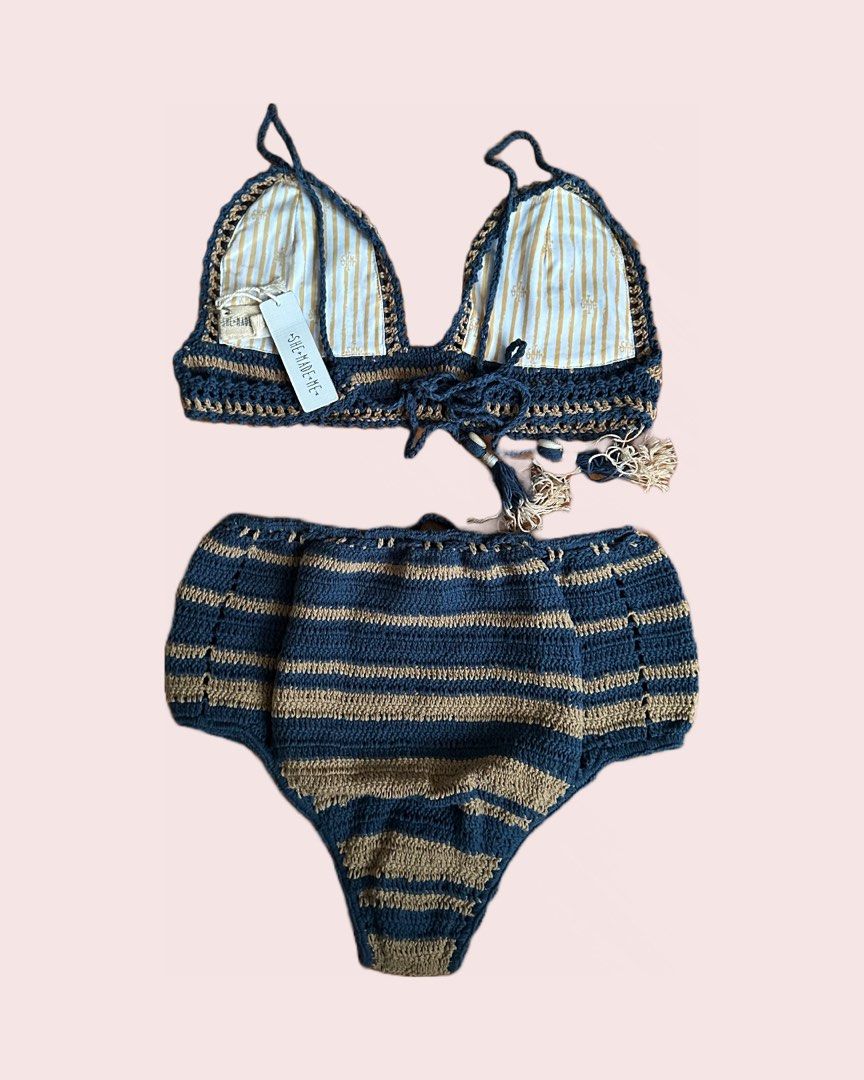 SHE MADE ME Crochet Triangle Bikini Set In Blue Natural Stripe Women S Fashion Swimwear
