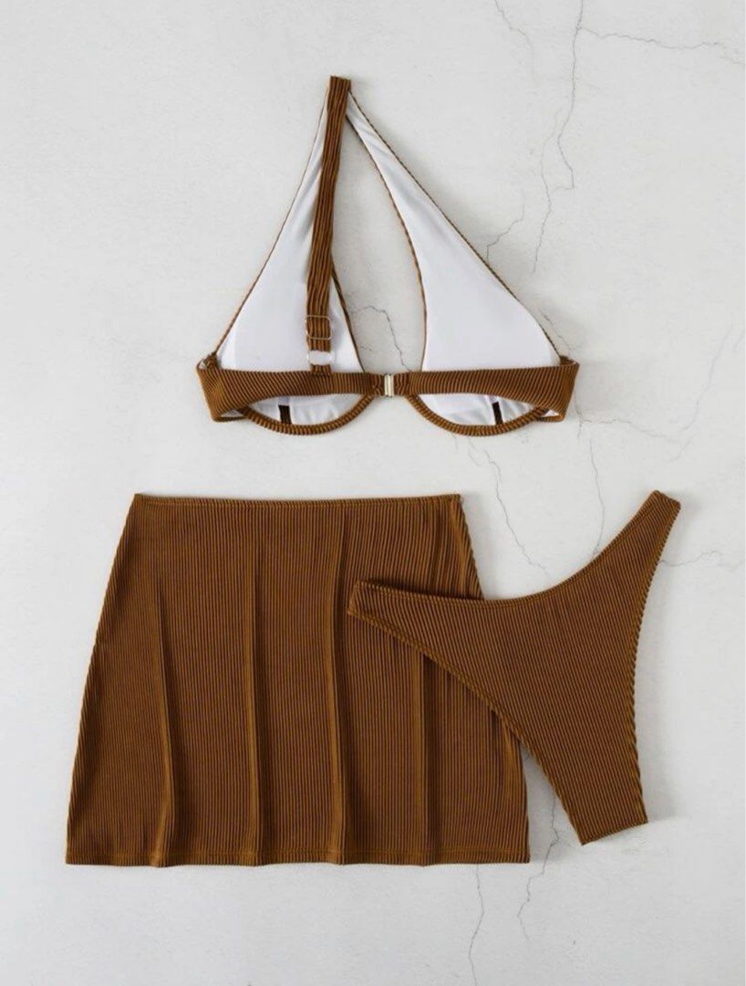 Rib Bikini Set Cut Out Underwire Bra High Cut Bottom Beach Skirt