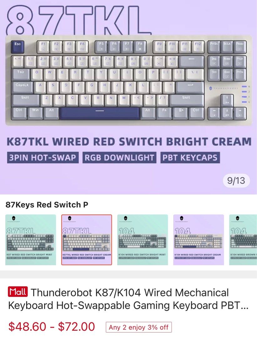 Thunderobot K Wired Mechanical Keyboard Hot Swappable Gaming Keyboard Pbt Keycaps Red Switch