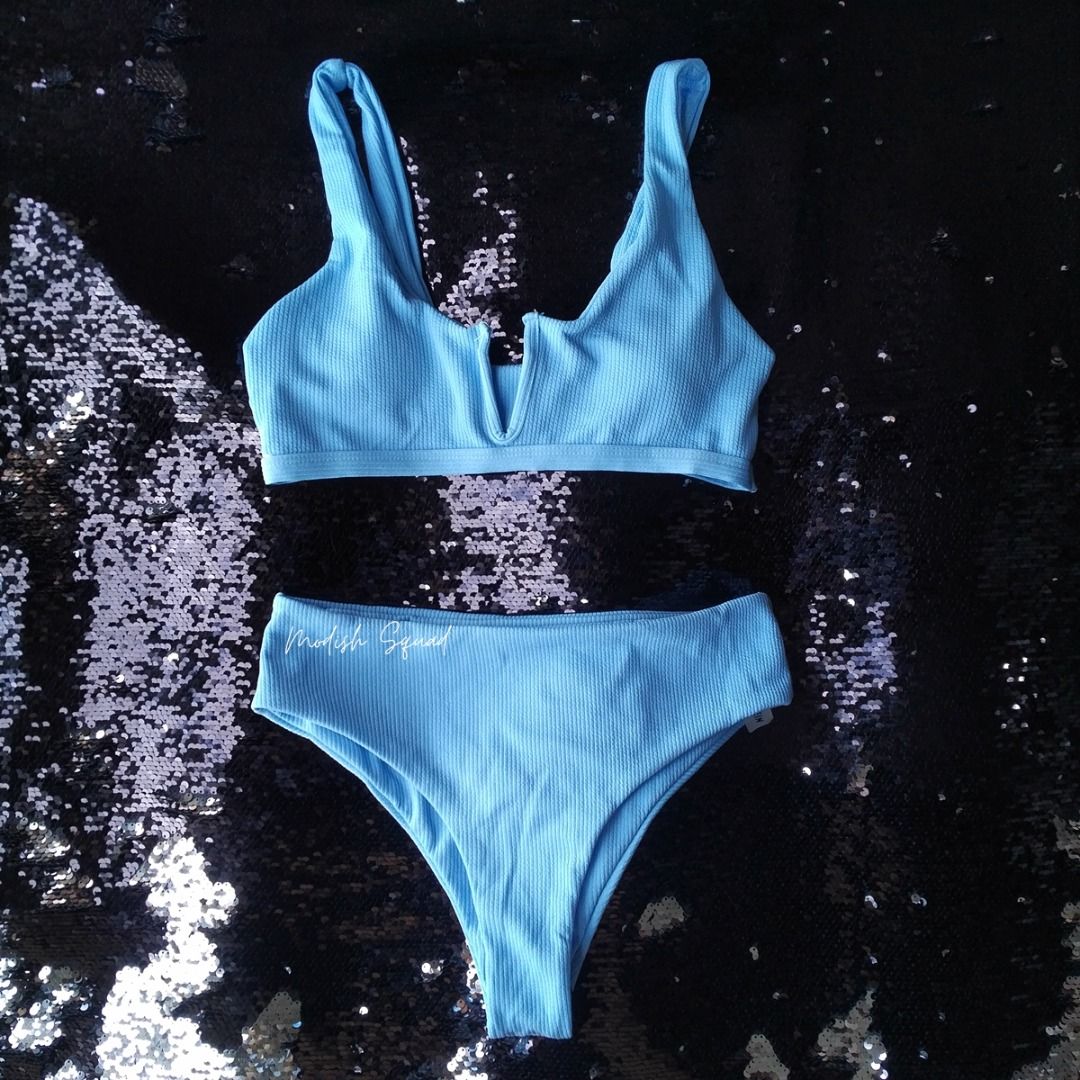 Bnew Shein Swimuit Shein Bikini Pc Bikini Set Ribbed Bikini Textured Bikini Light Blue Bikini