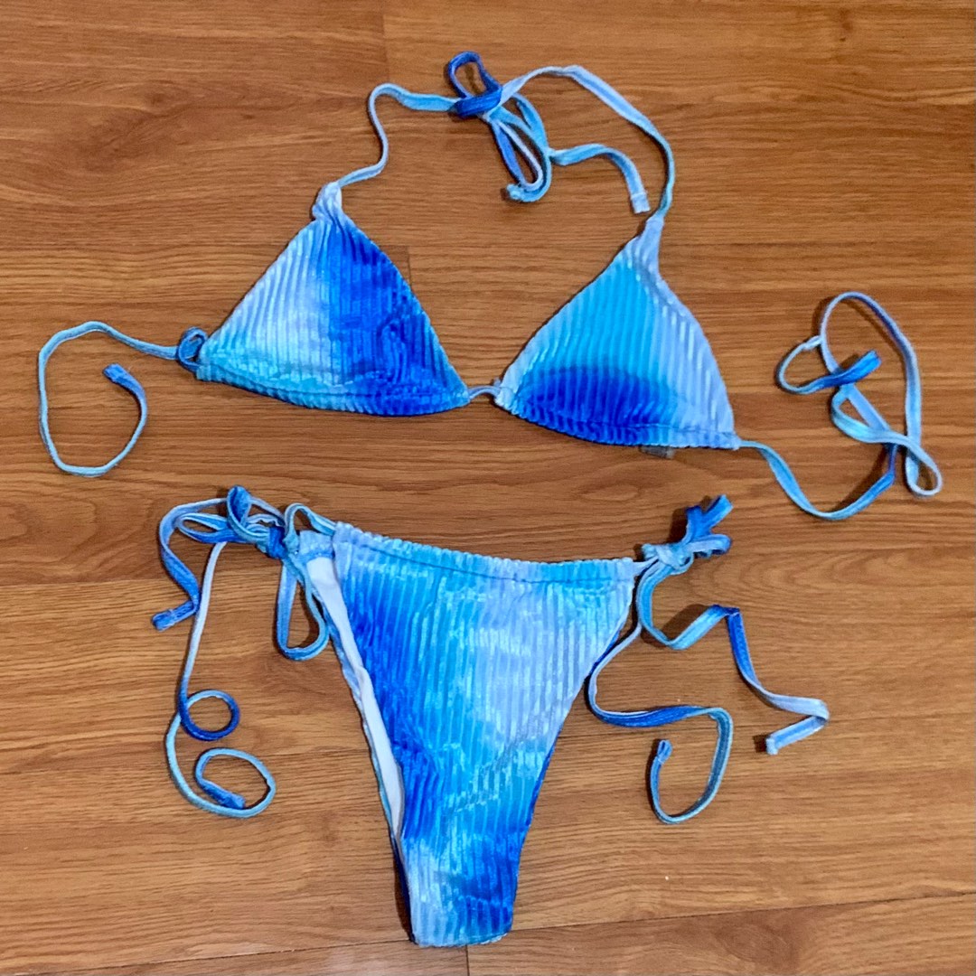 Shein Blue Velvet Self Tie Bikini On Carousell
