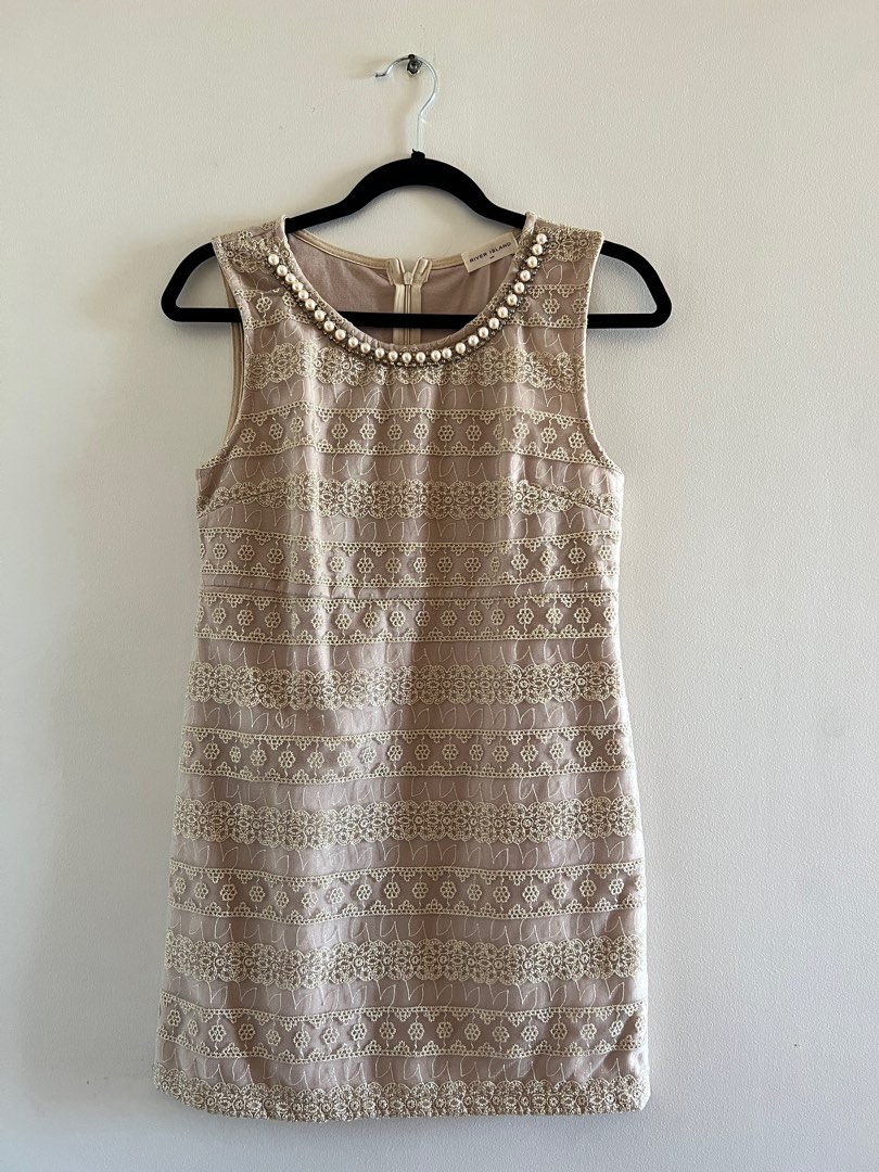 River Island Nude Beige And Gold Pearl Neck Lace Dress Women S Fashion