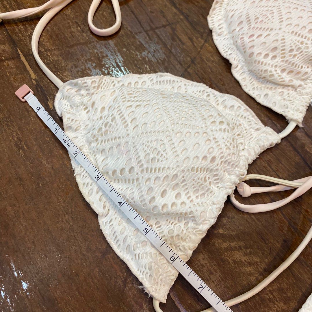 Firefly Classic White Crochet Triangle Top String Bikini W Bead Ribbon