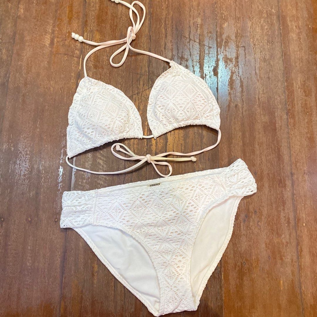 Firefly Classic White Crochet Triangle Top String Bikini W Bead Ribbon