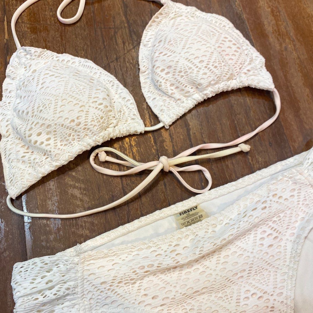 Firefly Classic White Crochet Triangle Top String Bikini W Bead Ribbon