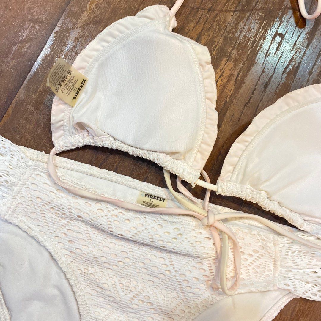 Firefly Classic White Crochet Triangle Top String Bikini W Bead Ribbon