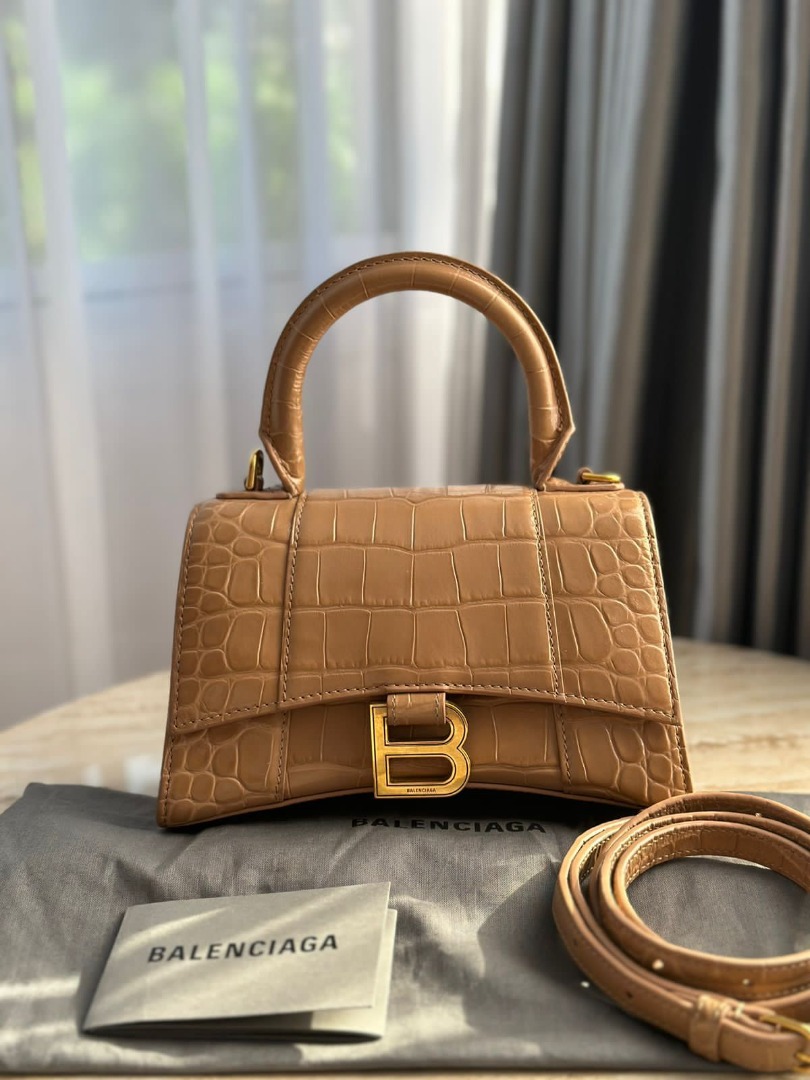 Vgc Balenciaga Hourglass Nude Croco Xs Ghw With Strap Booklet