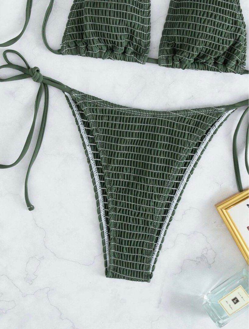 Shein Army Green Self Tie Smocked Bikini Set Halter Bra Thong Bottom