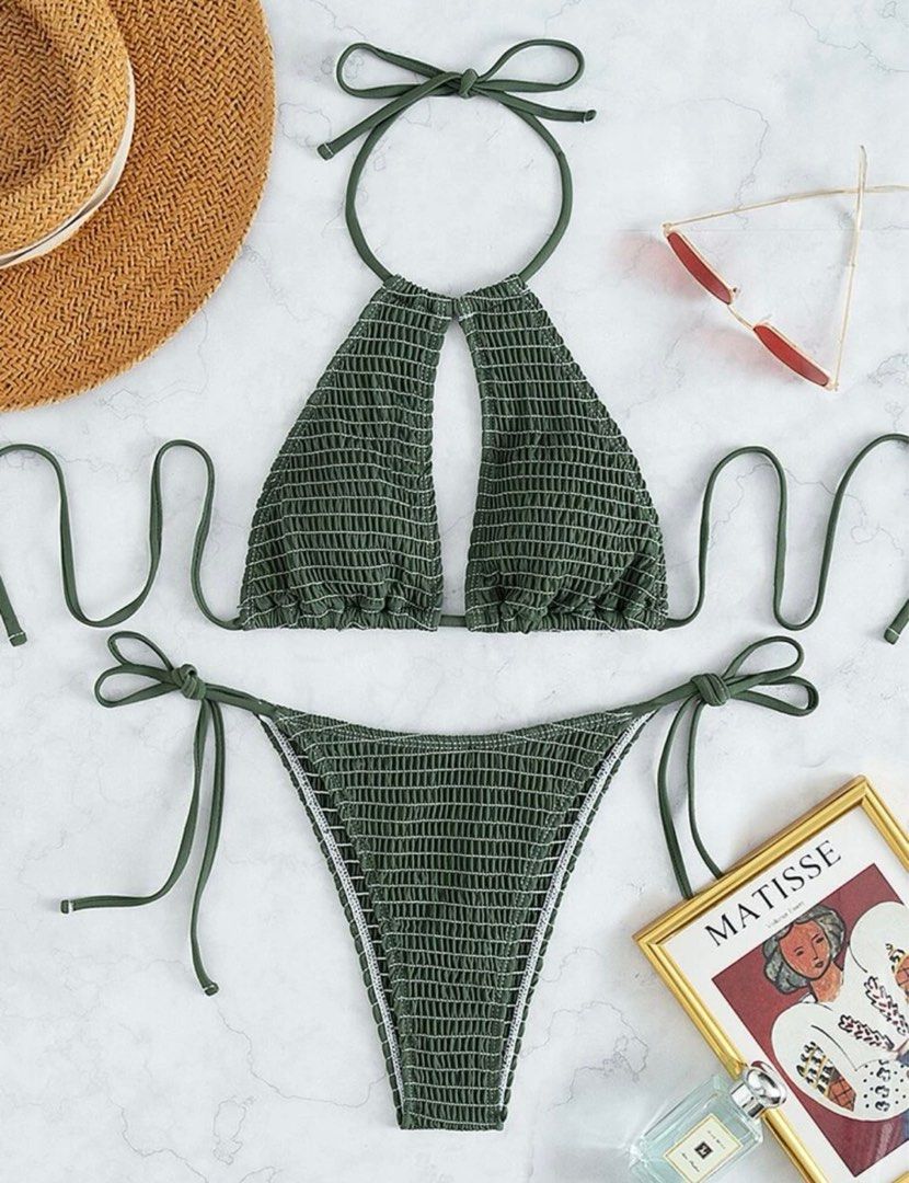Shein Army Green Self Tie Smocked Bikini Set Halter Bra Thong Bottom