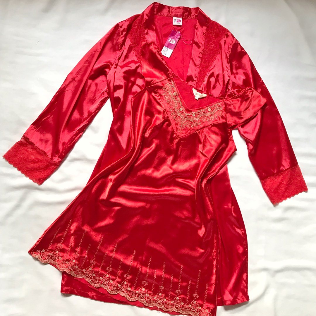 Satin Robe Kimono Lingerie Sleepwear Baju Tidur Red Fesyen Wanita