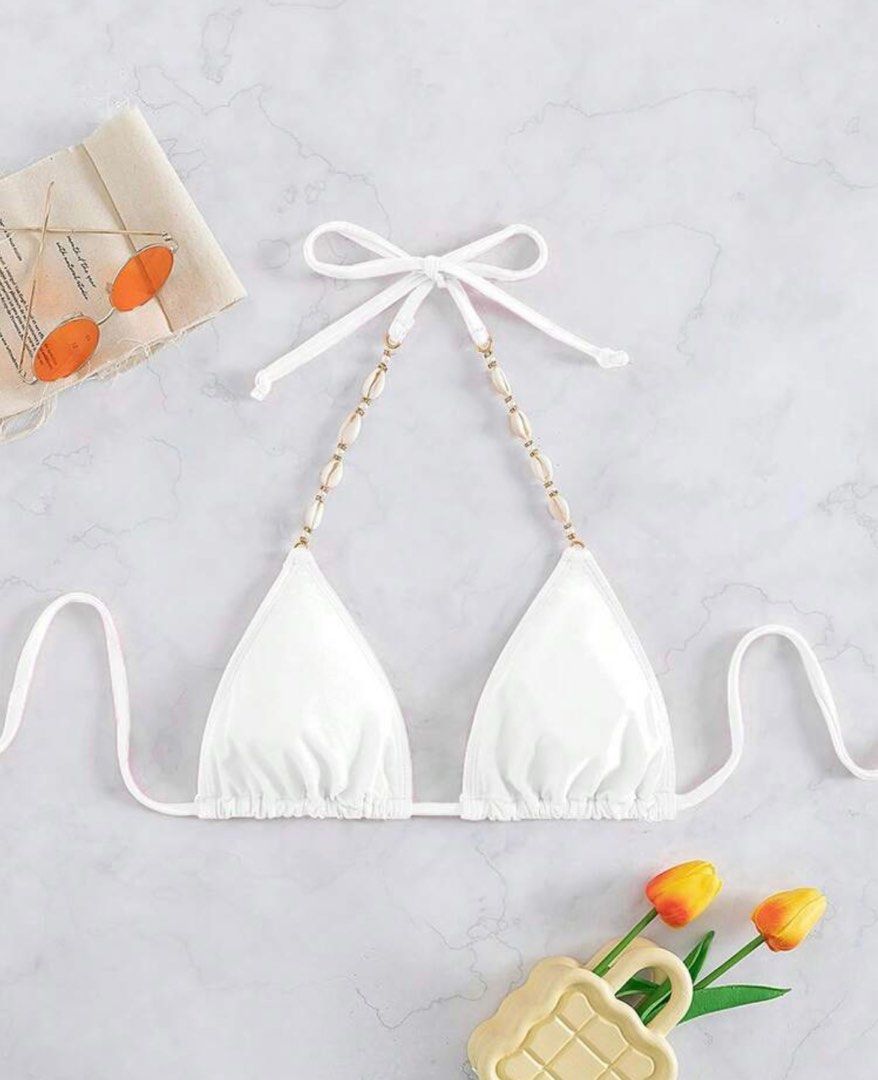 Seashell Chain Linked Halter Triangle White Bikini Top Women S Fashion