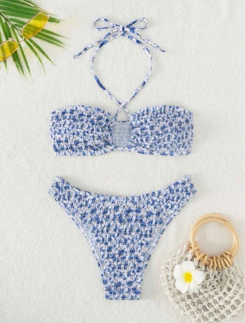 Shein X Sofia Suescun Ditsy Floral Print Smocked Tie Back Halter Bikini