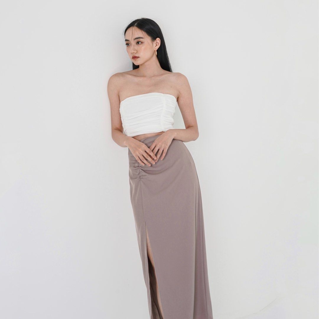Topazette Blair Ruched Maxi Skirt Nude Taupe Pink Nude Front Slit Maxi