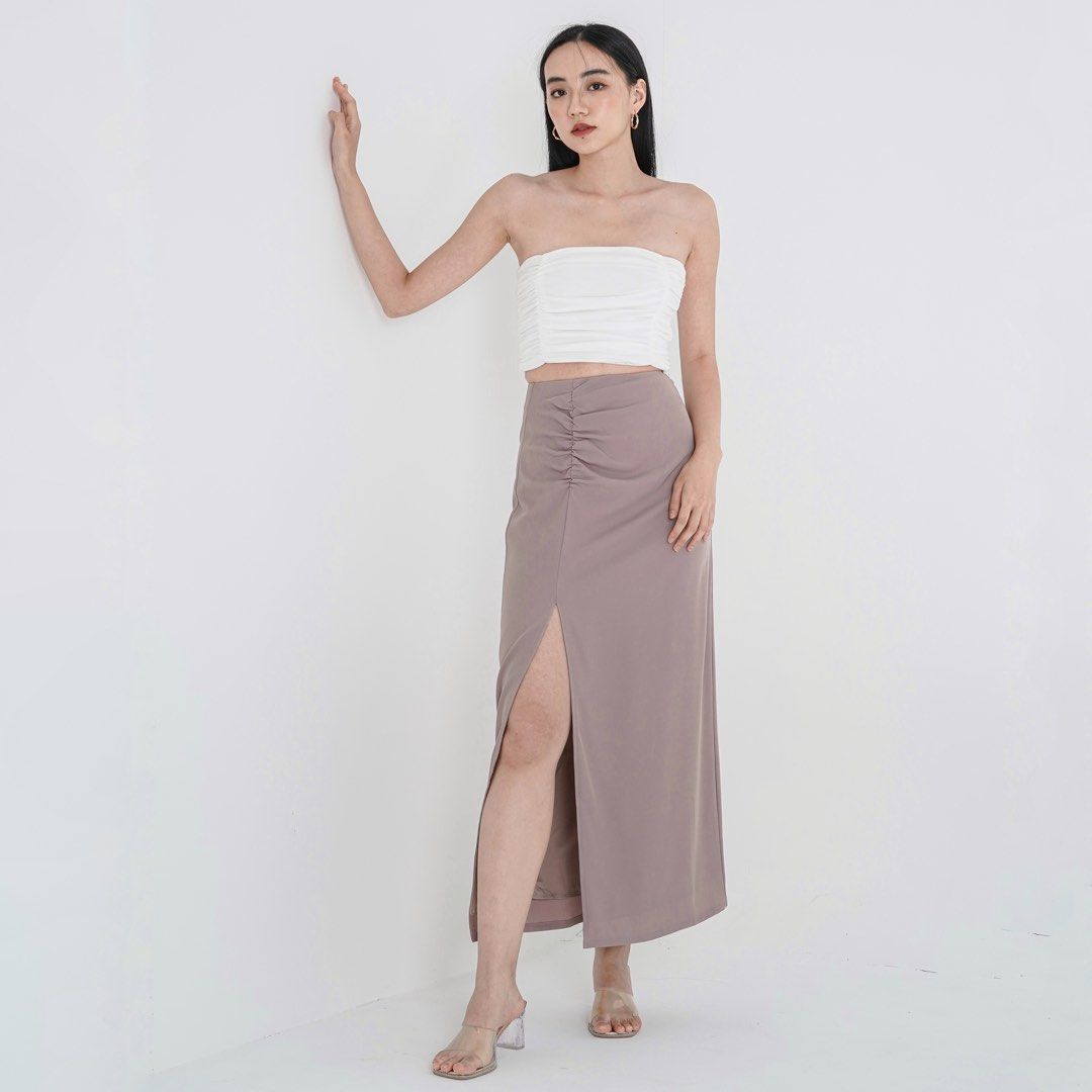 Topazette Blair Ruched Maxi Skirt Nude Taupe Pink Nude Front Slit Maxi