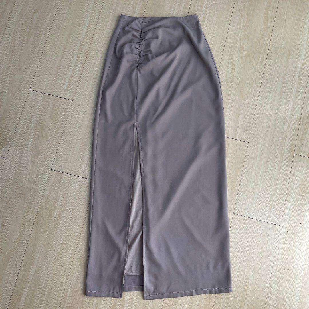 Topazette Blair Ruched Maxi Skirt Nude Taupe Pink Nude Front Slit Maxi