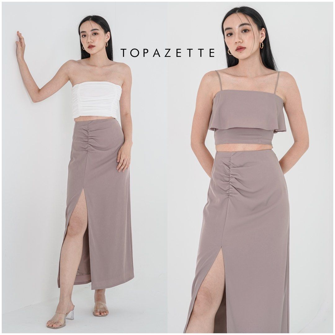 Topazette Blair Ruched Maxi Skirt Nude Taupe Pink Nude Front Slit Maxi