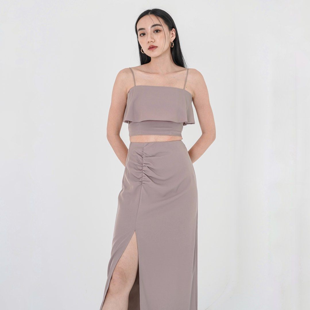 Topazette Blair Ruched Maxi Skirt Nude Taupe Pink Nude Front Slit Maxi