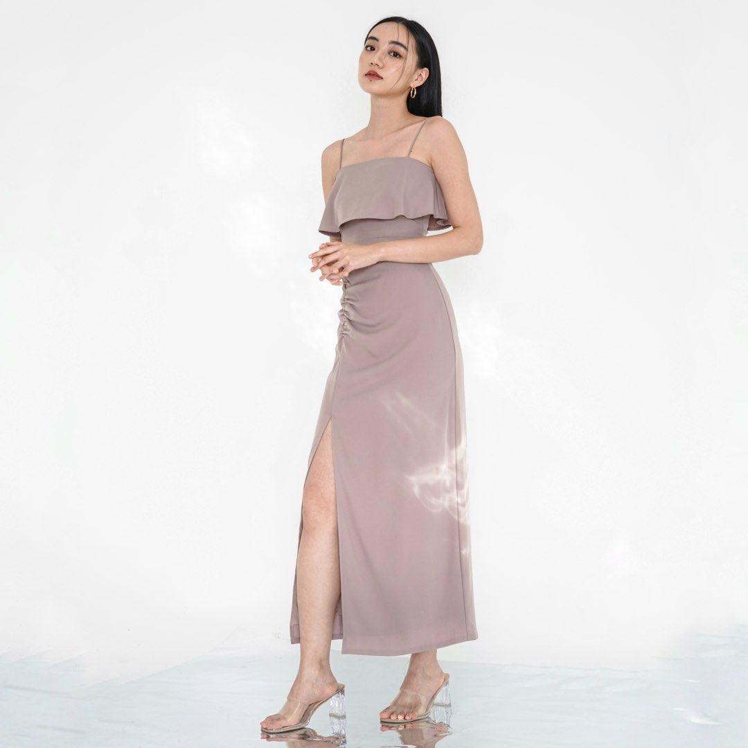 Topazette Blair Ruched Maxi Skirt Nude Taupe Pink Nude Front Slit Maxi