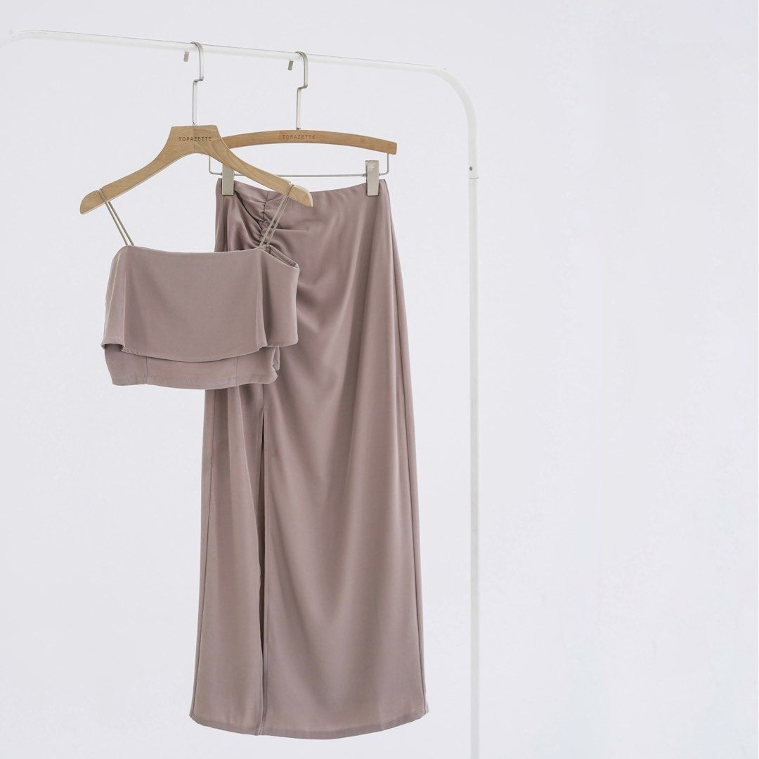 Topazette Blair Ruched Maxi Skirt Nude Taupe Pink Nude Front Slit Maxi