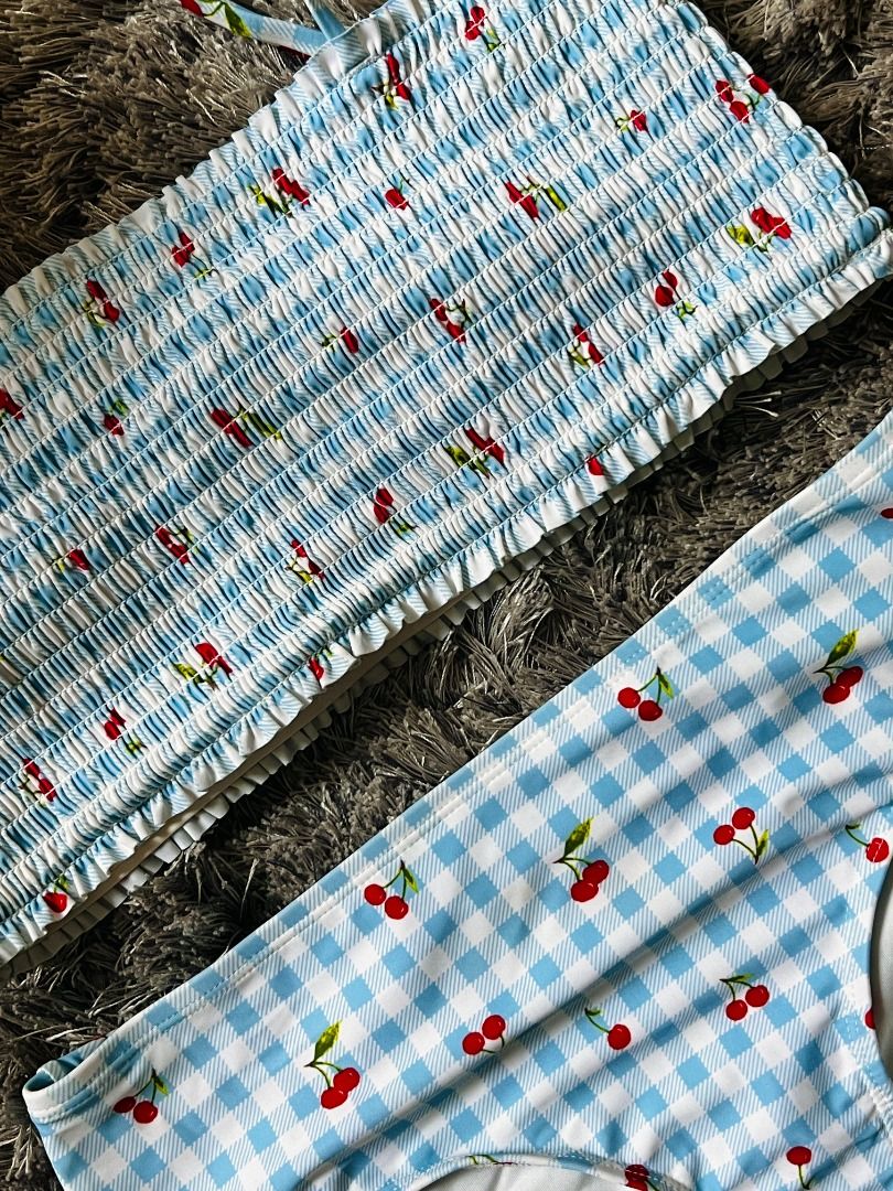 Blue Gingham Pattern With Red Cherries Bikini Set Women S Fashion Swimwear Bikinis
