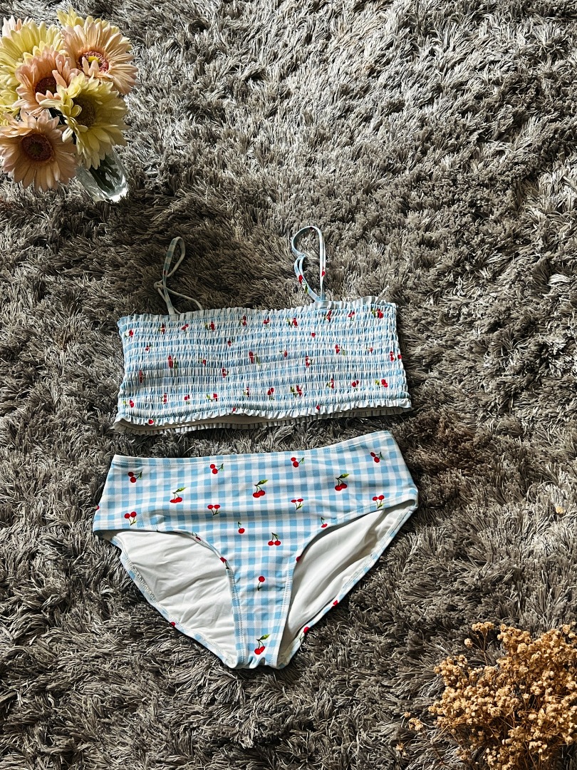 Blue Gingham Pattern With Red Cherries Bikini Set Women S Fashion