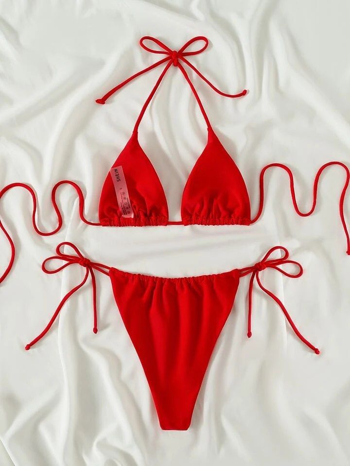 Shein Swim Basics Red Triangle Thong Bikini Swimsuit Women S Fashion
