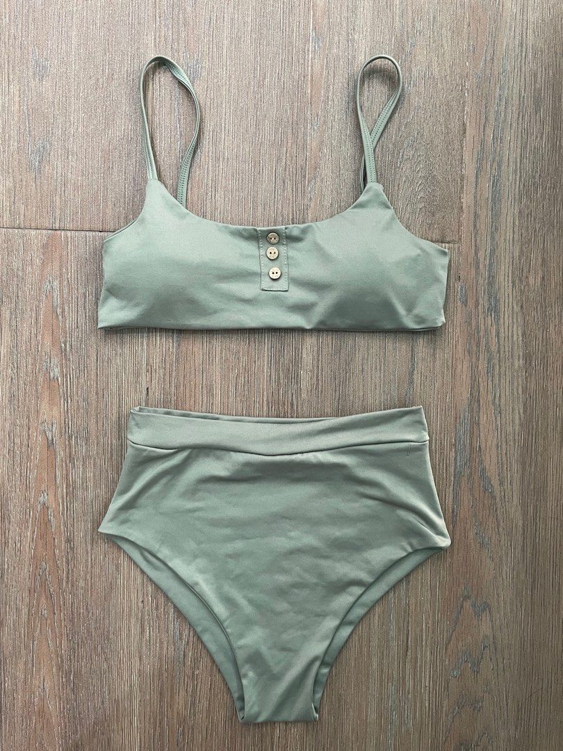 Sage Green Highwaist Button Two Piece Bikini Swimsuit Women S Fashion Swimwear Bikinis