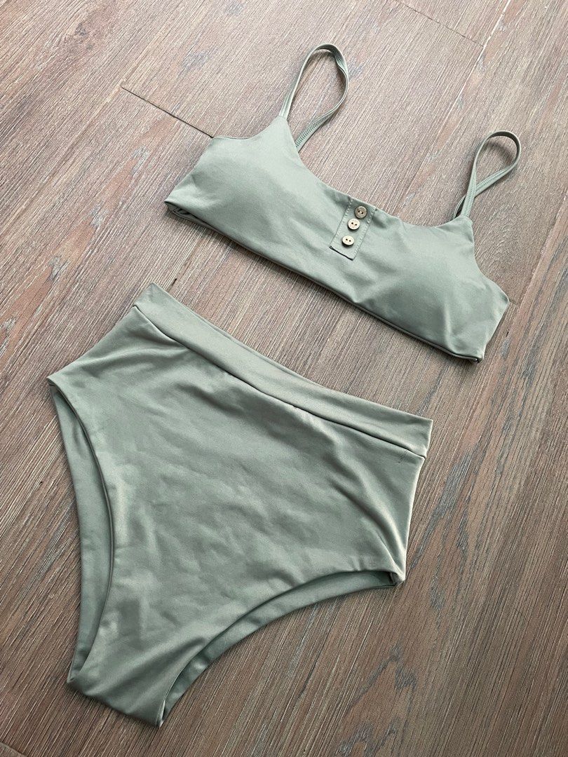 Sage Green Highwaist Button Two Piece Bikini Swimsuit Women S Fashion Swimwear Bikinis
