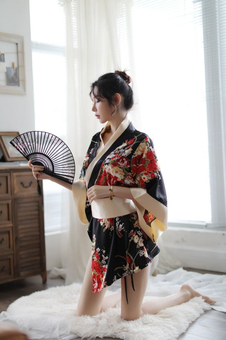 Sexy Japanese Mutan Cherry Blossom Floral Roleplay Kimono Robe Lingerie