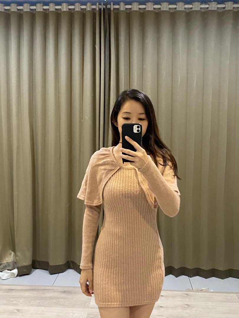 Knit Dress Wrna Nude Blush Fesyen Wanita Pakaian Wanita Gaun Rok