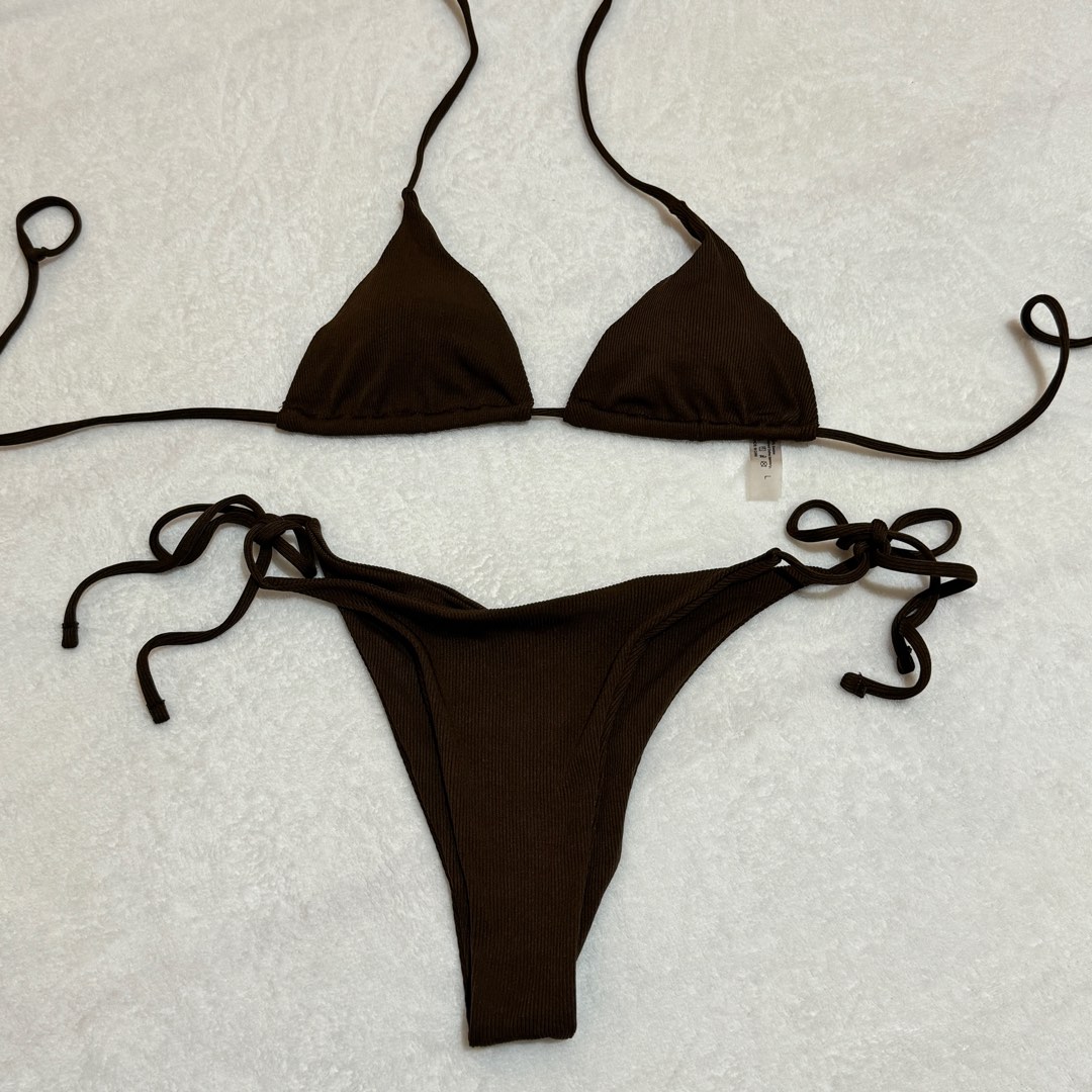 Rib Halter Triangle Bikini Set Brown Swimsuit Women S Fashion Swimwear Bikinis Swimsuits