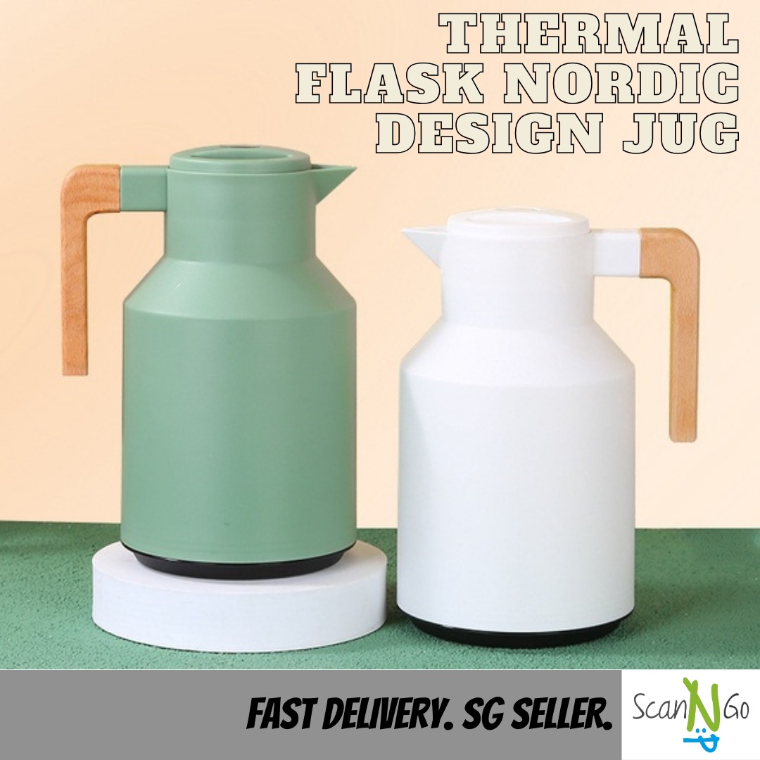 SG Seller THERMAL FLASK Nordic Design Wooden Handle Jug 1 Litre Hot Water Bottle Modern Design