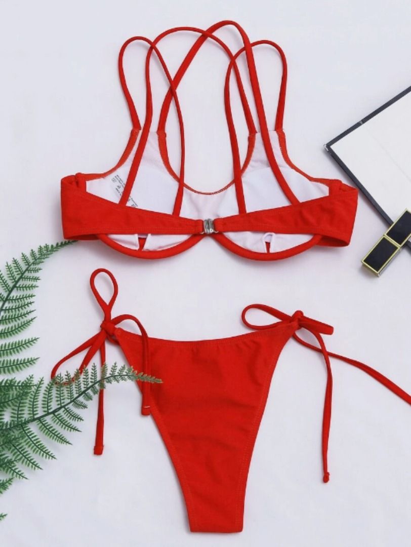 Red Bikini Push Up Strappy Swimsuit Cross Bandage Swimwear Bather Bathing Suits Women Beach