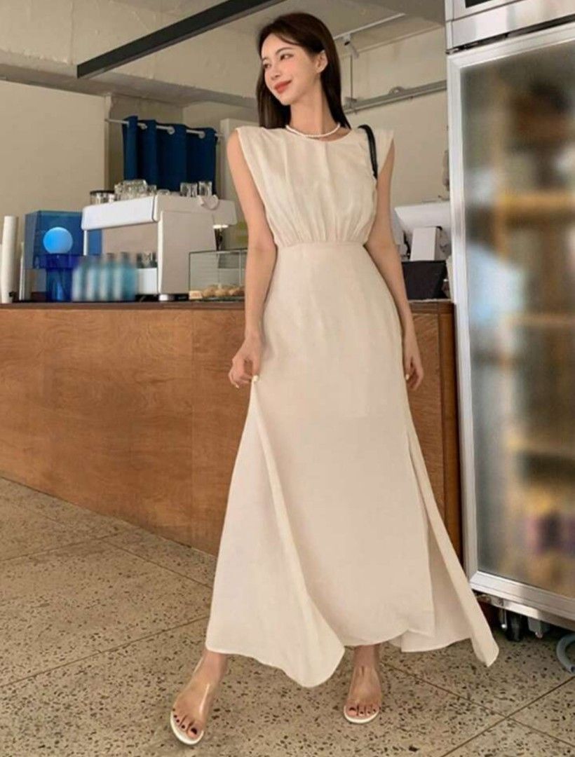 Spring Summer Long Dress Nude Cream Krem Coksu Rok Panjang Maxi Skirt