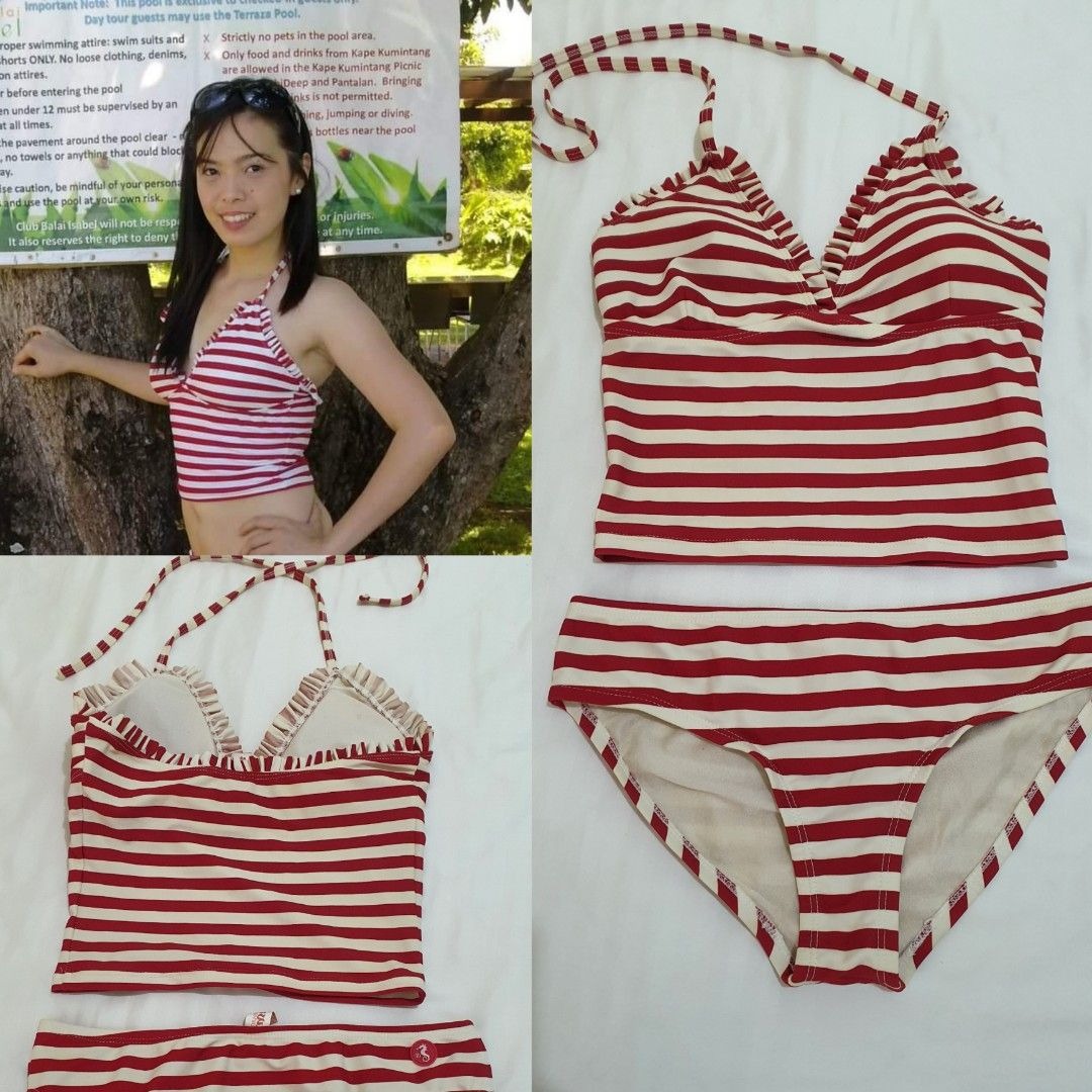W Folded Hung Red And White Stripes Two Piece Bikini Women S