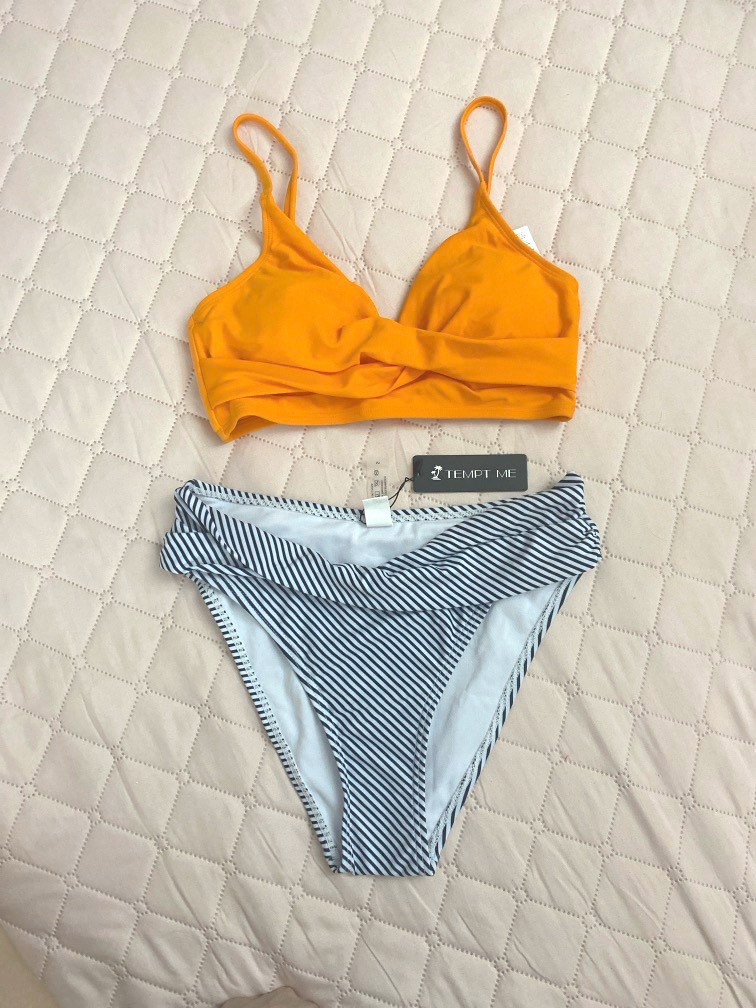 ORANGE BIKINI SET ORANGE BRA TOP WITH PADDING AND STRIPES BLACK AND WHITE BIKINI UNDERWEAR