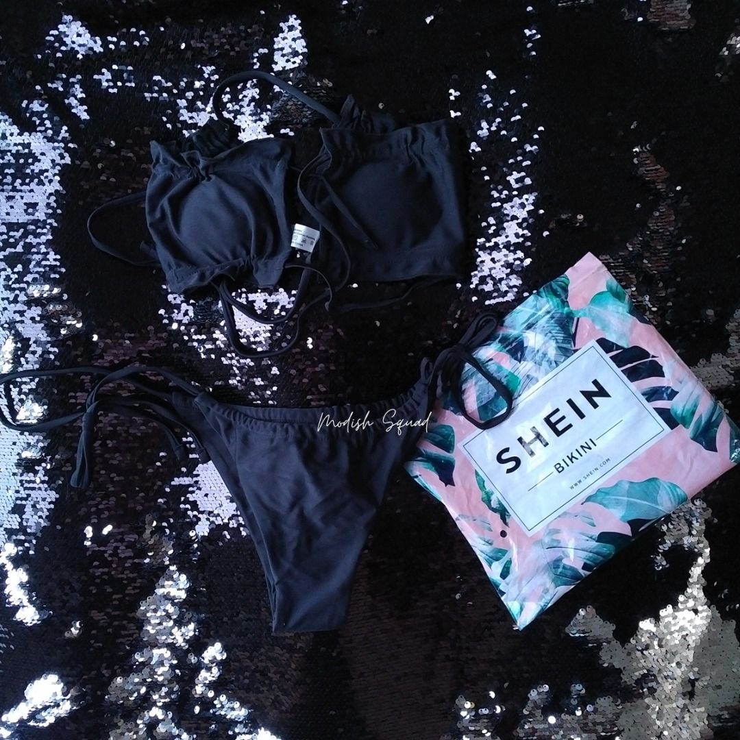 Cod Lalamove Bnew Black Sexy Bikini Bandeau Frill Trim Tie Back Bikini Ruched Bikini Microkini