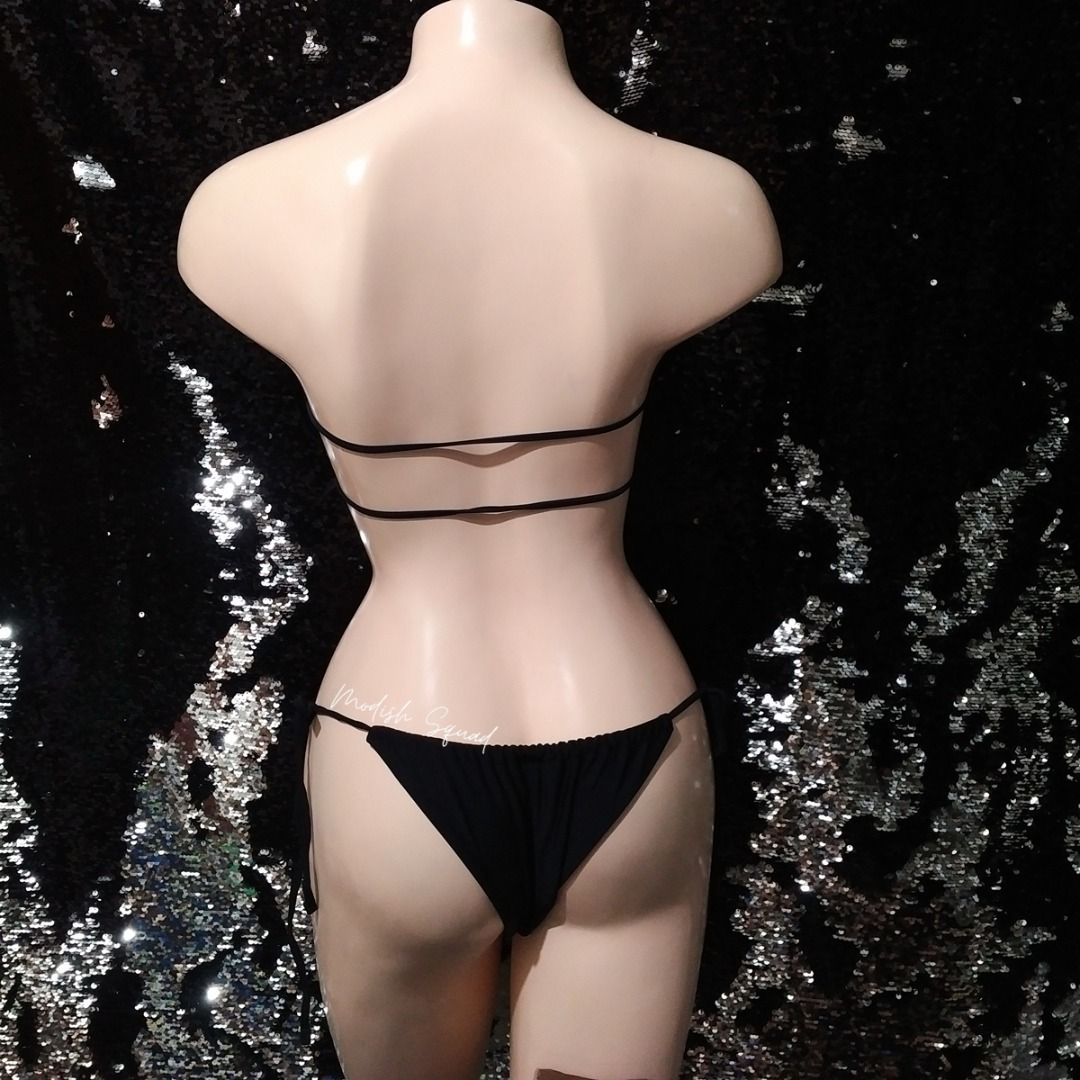 Cod Lalamove Bnew Black Sexy Bikini Bandeau Frill Trim Tie Back Bikini Ruched Bikini Microkini