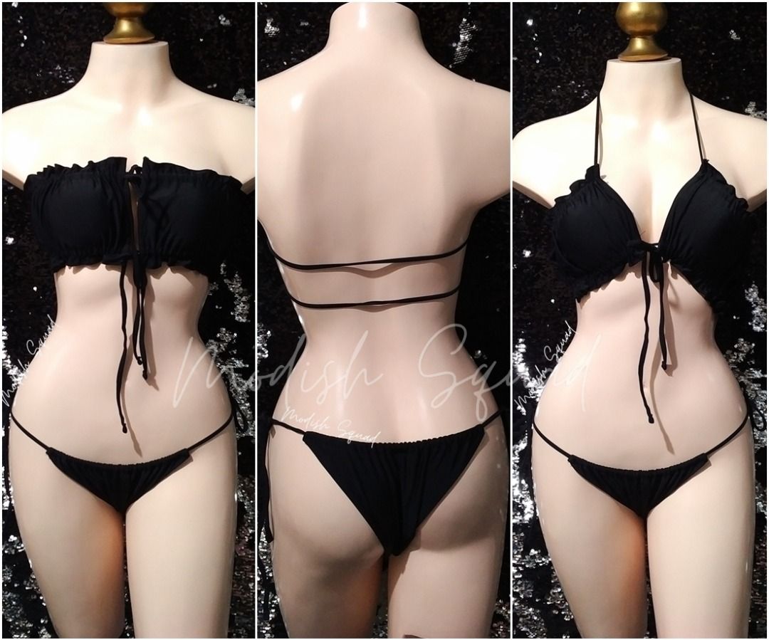 Cod Lalamove Bnew Black Sexy Bikini Bandeau Frill Trim Tie Back Bikini Ruched Bikini Microkini