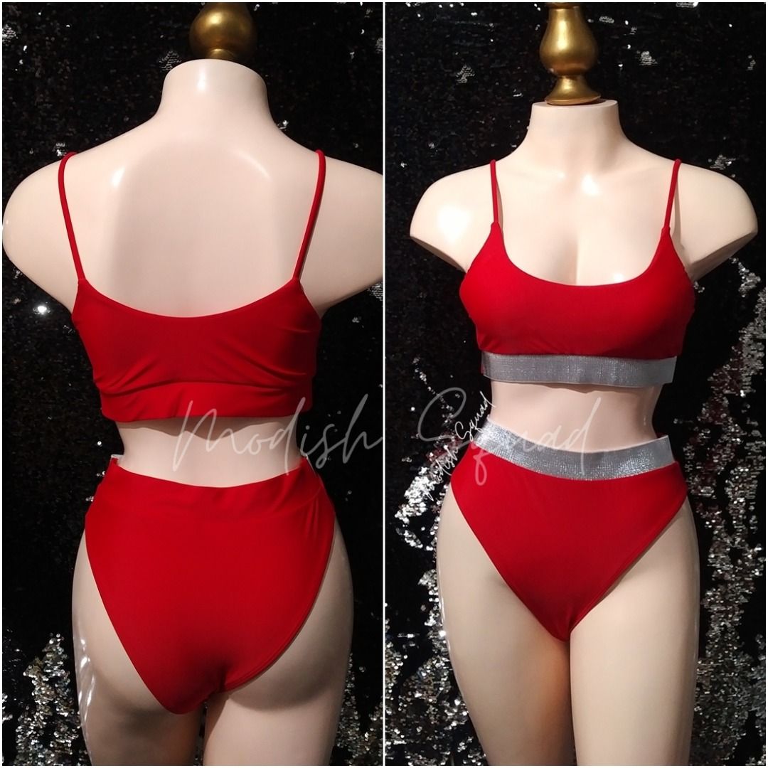 Cod Lalamove Bnew Red Bikini Pc Bikini Red Swimsuit High Waist Bikini Silver Band Pageant