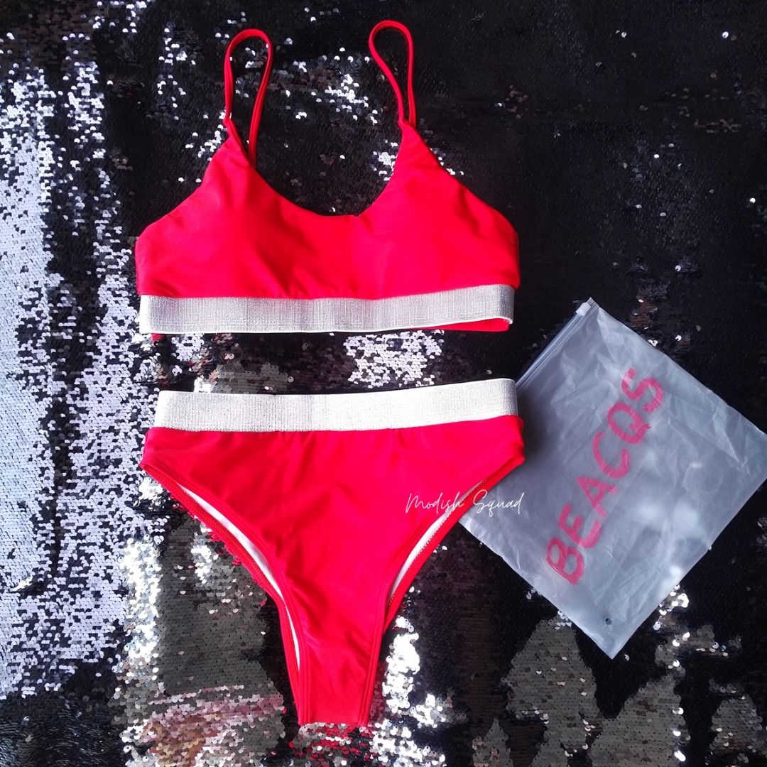Cod Lalamove Bnew Red Bikini Pc Bikini Red Swimsuit High Waist Bikini Silver Band Pageant