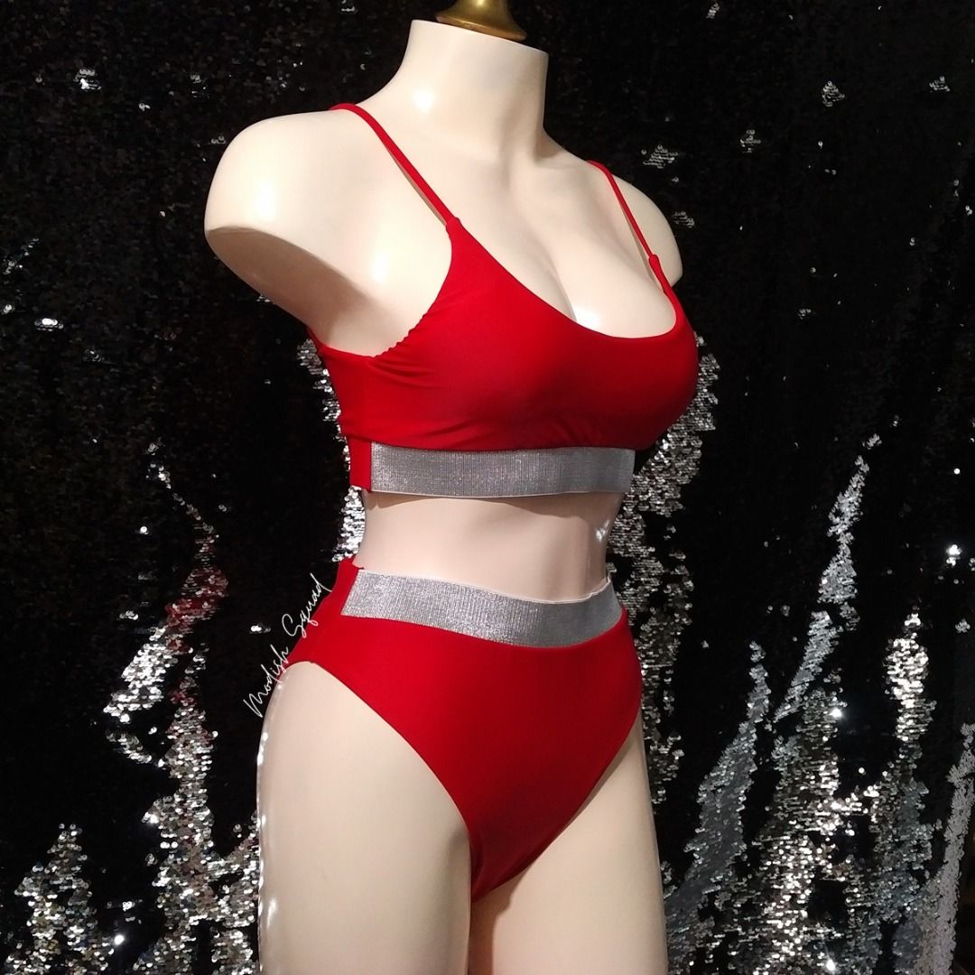 COD Lalamove Bnew Red Bikini Pc Bikini Red Swimsuit High Waist Bikini Silver Band Pageant
