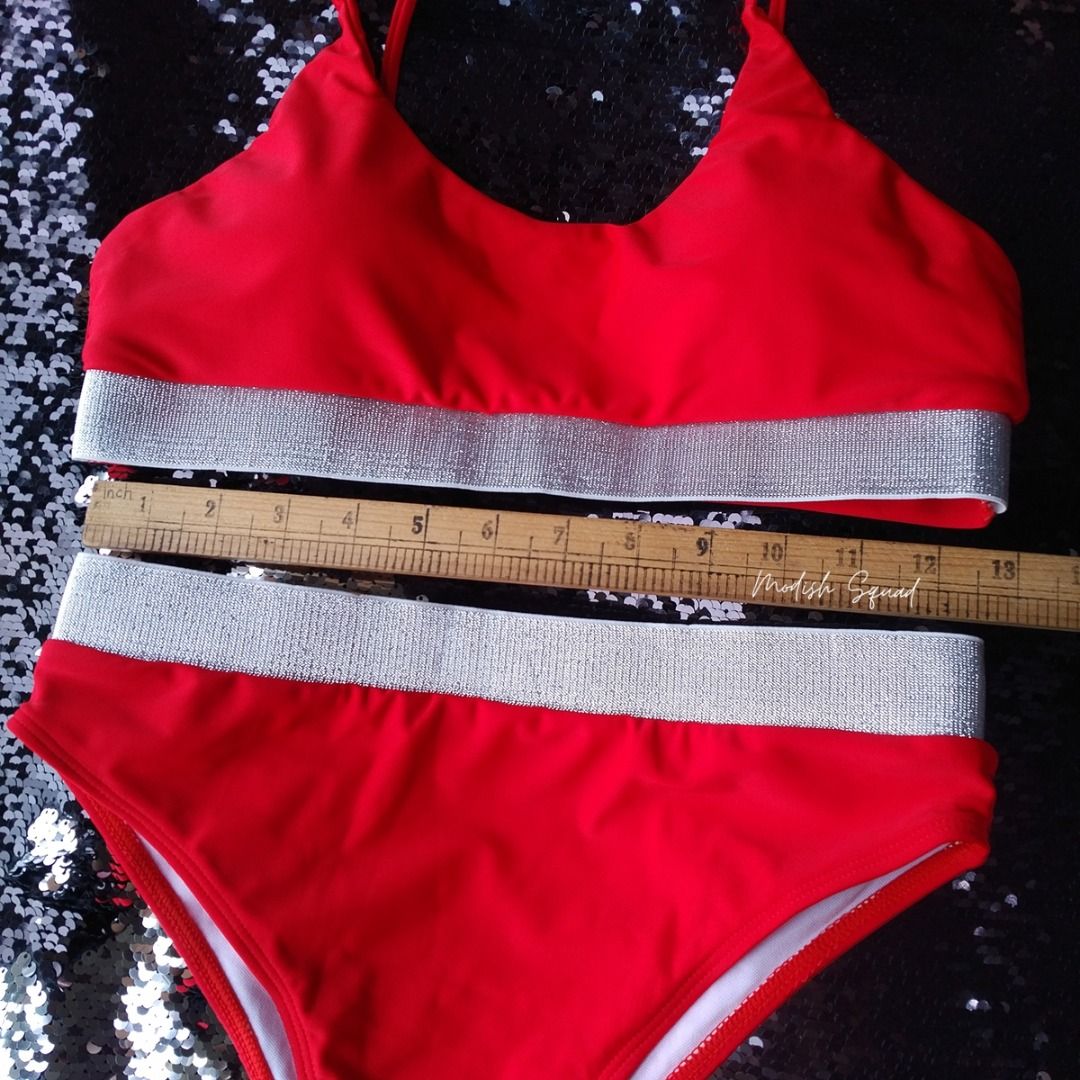 Cod Lalamove Bnew Red Bikini Pc Bikini Red Swimsuit High Waist Bikini Silver Band Pageant