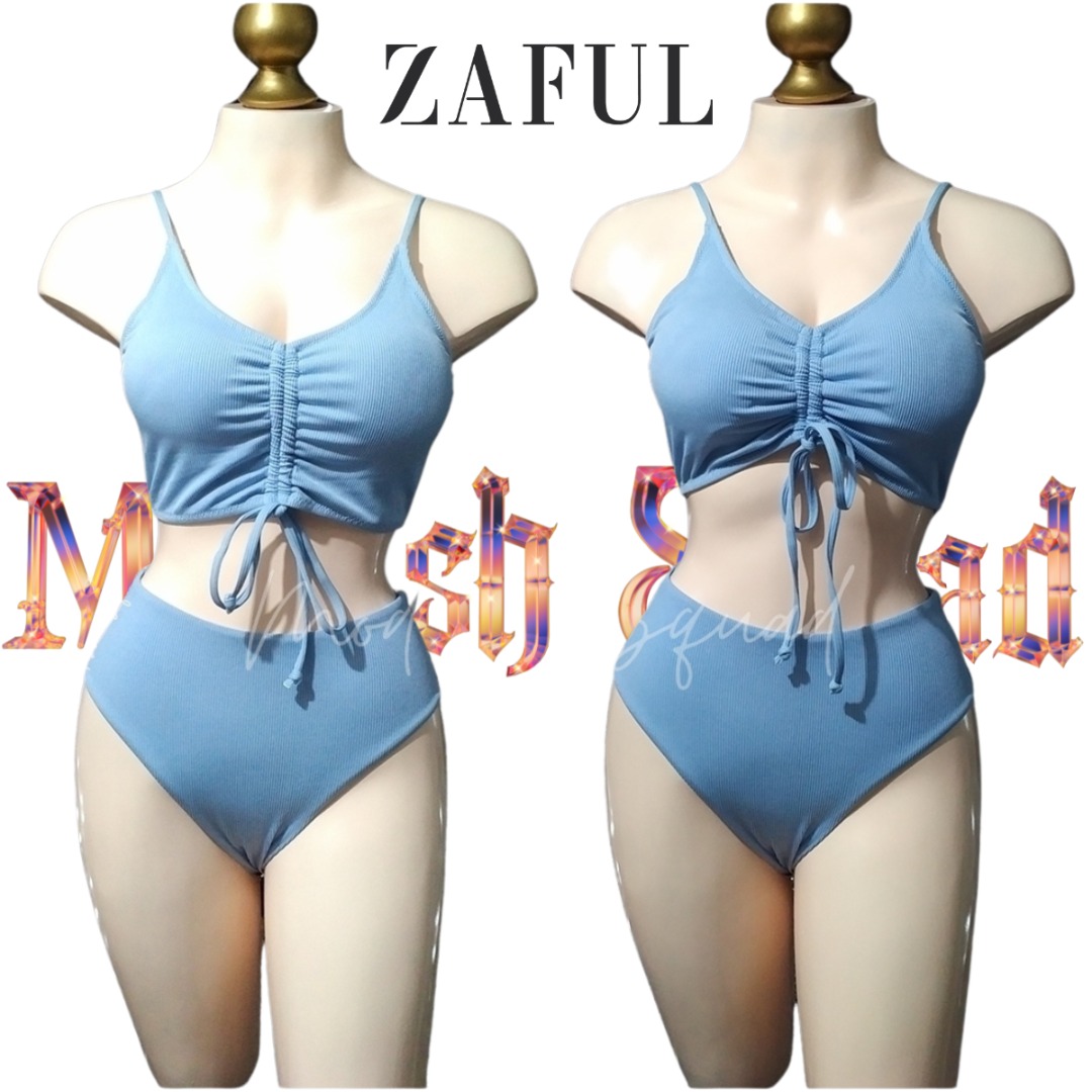 COD Lalamove Bnew ZAFUL Light Blue Pc Swimsuit Drawstring Pastel Bikini Light Blue Bikini