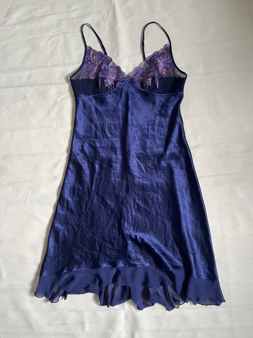 Dark Blue Lace Lingerie Flowy Silk Dress Y2k Mcbling Coquette 90s 2000s Women S Fashion