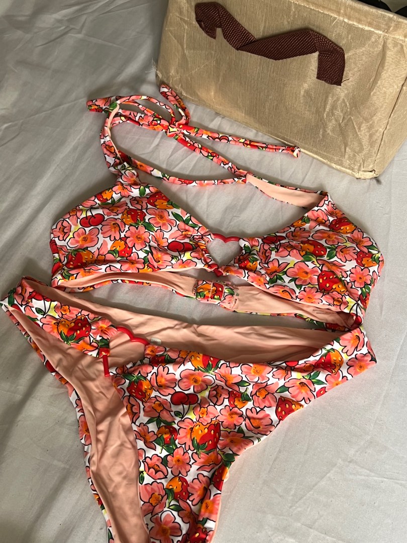 Blackbough Thea Scoop Neck Bikini Top And Asymmetrical Cheeky Bottoms In Berry Cherry Swimsuit