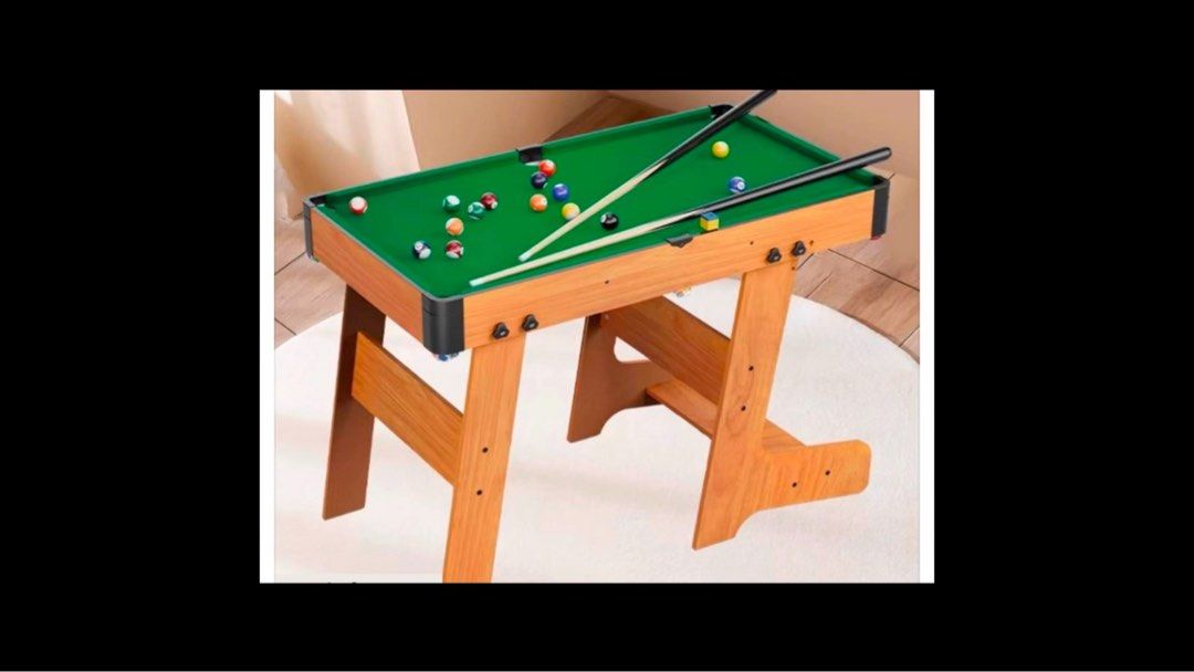 Billboard Folding Pool Table/ Billiard Table/ Mini Pool Table/ Cue/ (135cm Cross Length, Full Kit) (Category: Billiards & Bowling) located in Singapore. Submitted by midget8 (Listing ID 1345686232, Image 3). Description: Brand new Folding Table **Can arrange for delivery** Weight: 14kg Dimensions: 120cm x 61cm x 66cm (135cm cross length) Comes with: x2 Cue Sticks x16 Cue Balls x1 Cue Triangle x1 Cleaning Brush x1 Allen key x1 Chalk.